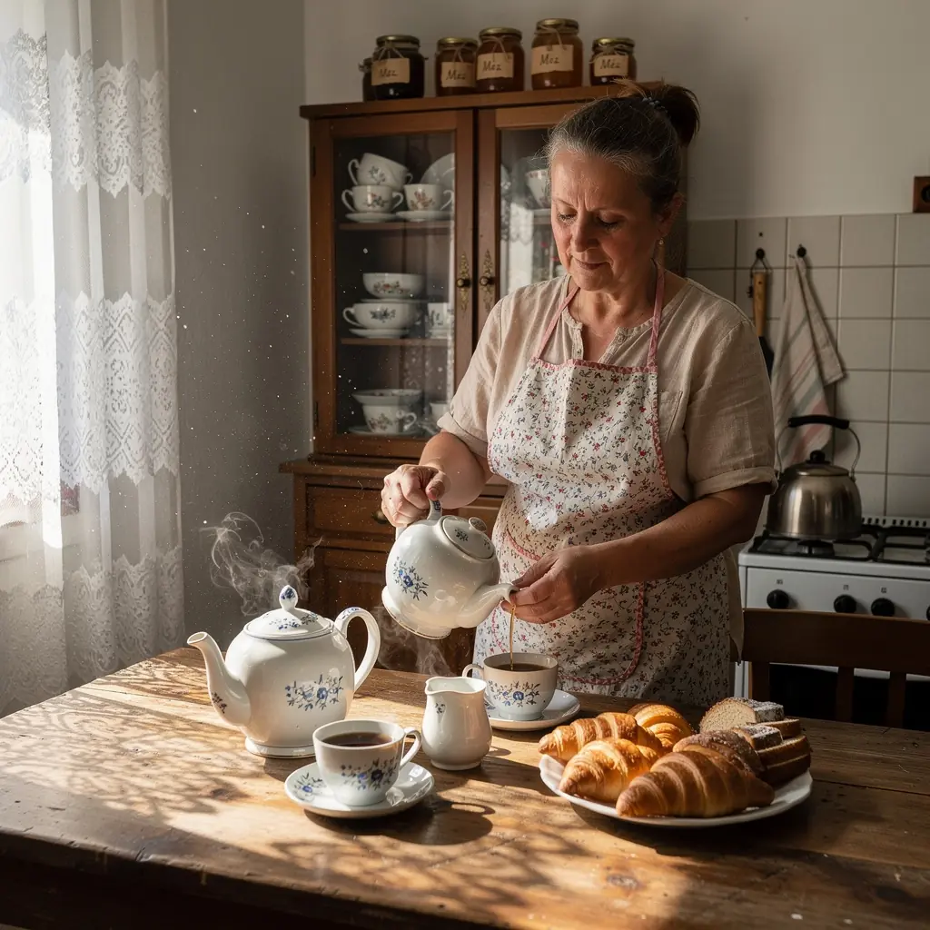 Közelkép egy bögre fekete teáról, amelyben a tea gazdag színárnyalata látható.