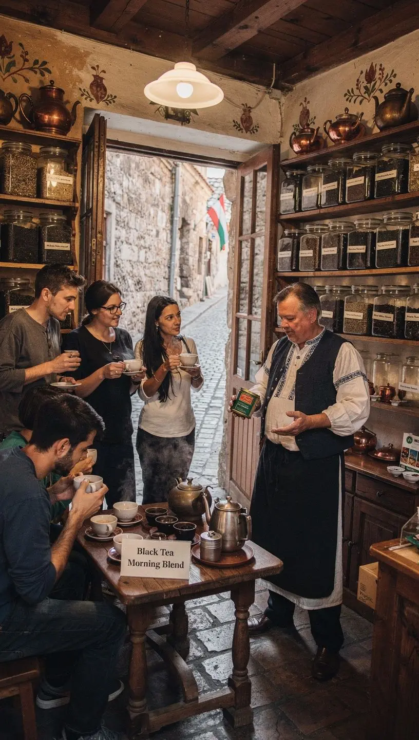 Fekete tea készítése, forrásban lévő víz és tea filterek a konyhapulton.