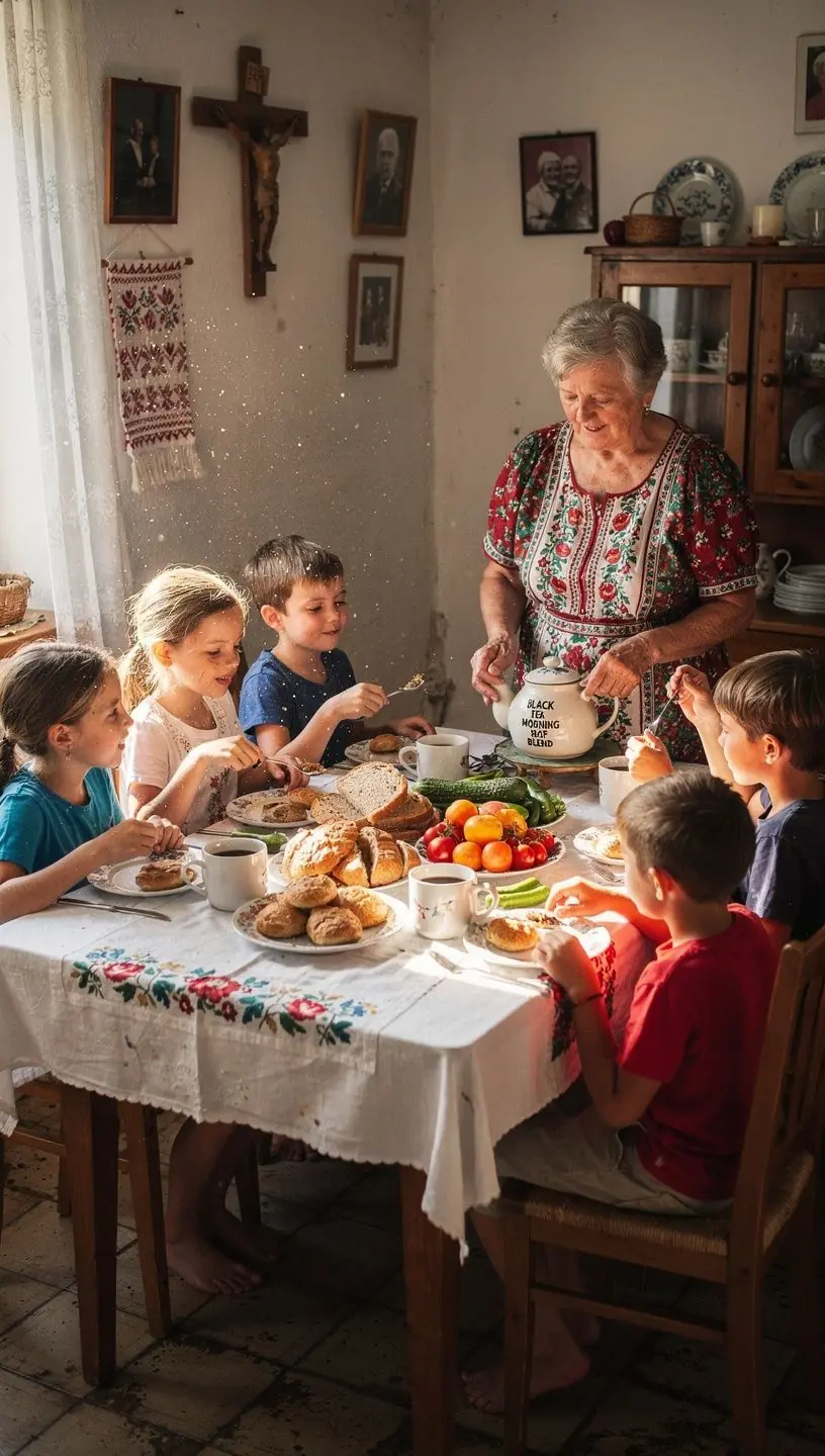 Színes teáscsésze, amelyben a fekete tea gőzölög, zöld növényekkel körülvéve.