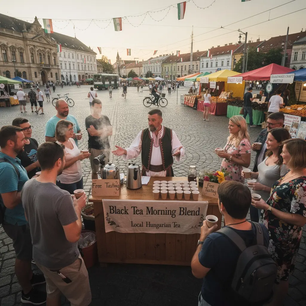 Friss, gőzölgő fekete tea bögre, háttérben napfelkeltével.